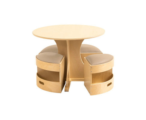 Round Wooden Table with Storage Stools Beige - Set Of 5