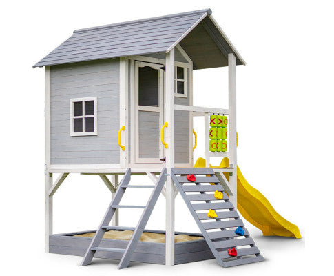 Wooden Tower Cubby House with Slide, Sandpit, Climbing Wall, Noughts & Crosses