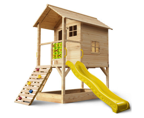Wooden Tower Cubby House with Slide, Sandpit, Climbing Wall, Noughts & Crosses, Natural Colour