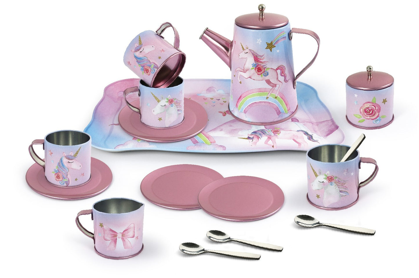 RAINBOW UNICORN TIN TEA MUG SET IN SUITCASE 18PCS