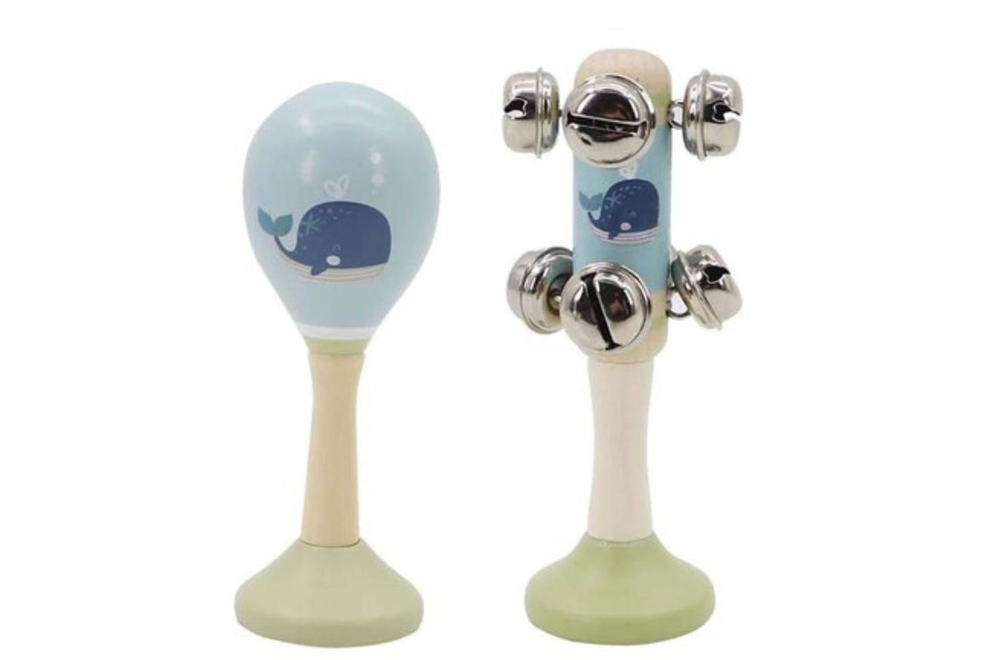 CALM & BREEZY WHALE WOODEN MARACA & BELL STICK 2PC MUSIC SET