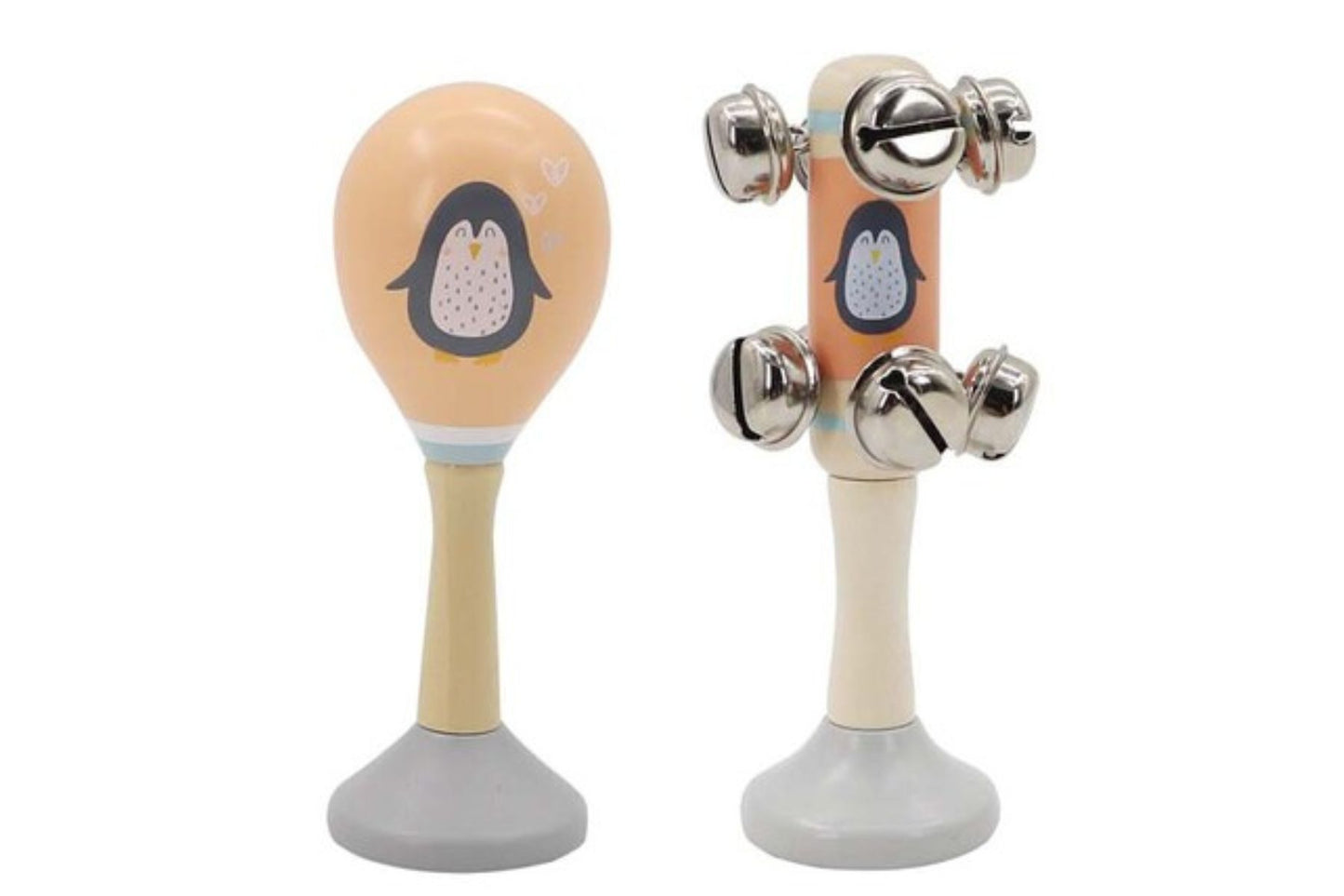 CALM & BREEZY PENGUIN WOODEN MARACA & BELL STICK 2PC MUSIC SET