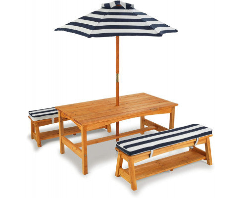 Outdoor Table & Bench Set with Cushions & Umbrella (Navy)