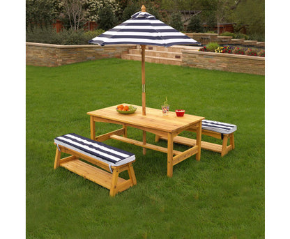 Outdoor Table & Bench Set with Cushions & Umbrella (Navy)