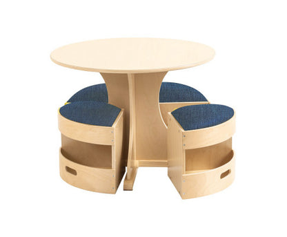 Round Wooden Table with Storage Stools Blue - Set Of 5