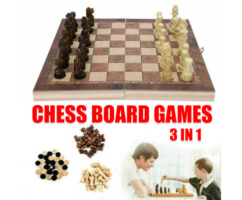 3 IN 1 Wooden Chess Set Folding Chessboard Wood Pieces Draughts Backgammon