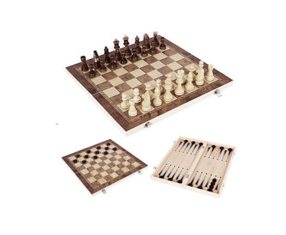 3 IN 1 Wooden Chess Set Folding Chessboard Wood Pieces Draughts Backgammon