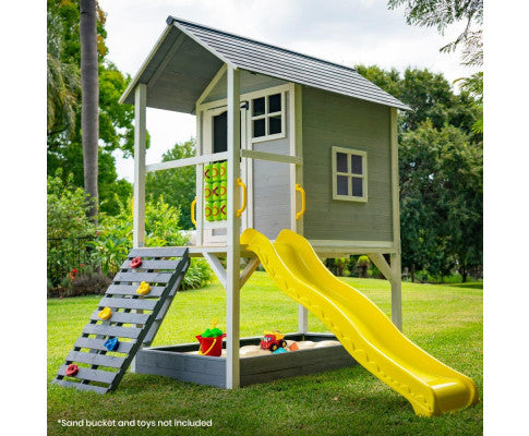 Wooden Tower Cubby House with Slide, Sandpit, Climbing Wall, Noughts & Crosses