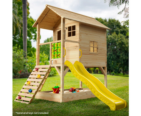 Wooden Tower Cubby House with Slide, Sandpit, Climbing Wall, Noughts & Crosses, Natural Colour