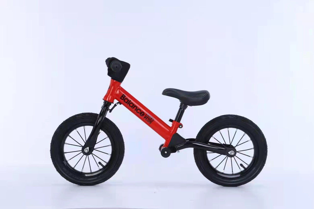 Bike Plus Kids Balance Bike Training Aluminium - Red with Suspension - 12 Rubber Tyres - Foot Pegs -Ride On No Pedal Push"