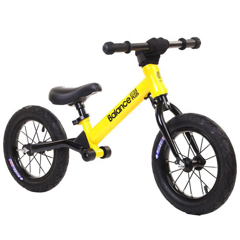 Bike Plus Kids Balance Bike Training Aluminium - Yellow with Suspension - 12 Rubber Tyres - Foot Pegs -Ride On No Pedal Push"