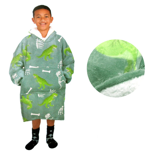 Blanket Hoodie with Sherpa Reverse Green Dinosaur